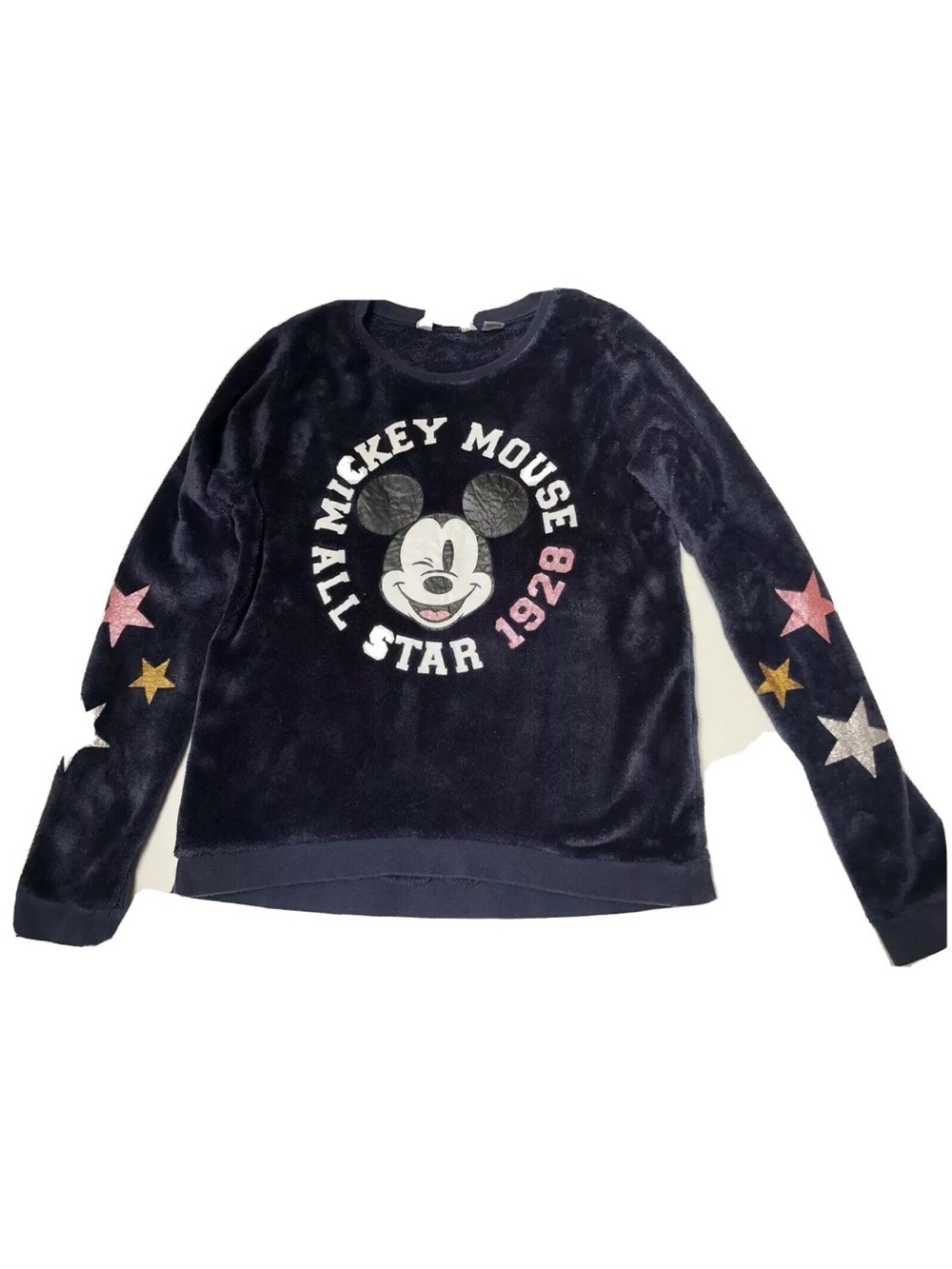 DISNEY Girl’s 14Y Navy Velour “Mickey Mouse All Star” Pullover Top W38”/L 22”